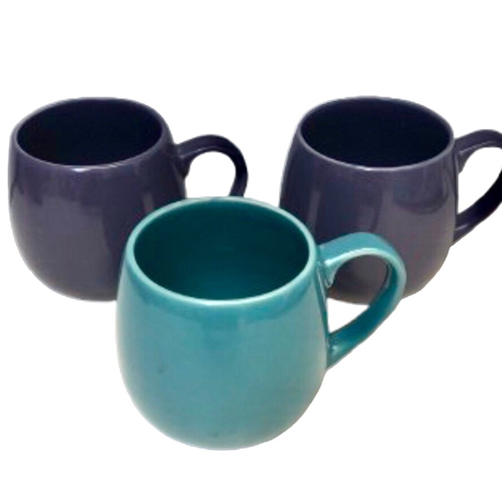 SET OF 3 CERAMIC MUGS • 2 PURPLE/ 1 TEAL • VINTAGE